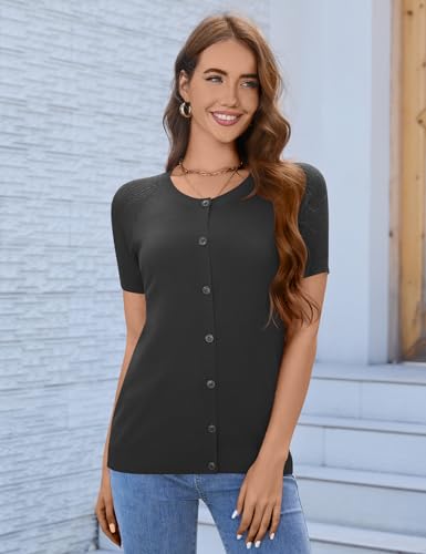 Image of FreshNight Women's 2025 Short Sleeve Cardigan Button Up Hollowed Out Crewneck Shrug Sweaters Knit Sweater Tops Lightweight