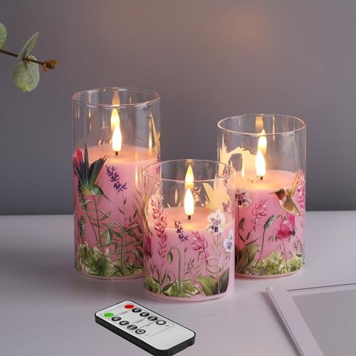 Eywamage Pink Hummingbird Glass Flameless Candles with Remote, Flickering Floral LED Pillar Candles Φ 3" H 4" 5" 6"