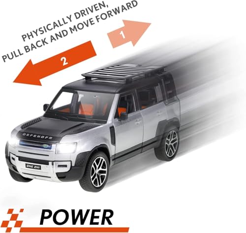 Image of 1:24 Land Rover Defender Alloy Diecast Model Car, Pull Back Vehicle with Openable Doors, Sound & Light Effects, Toy for Kids, for Car Enthusiasts and Collectors. (Silver)