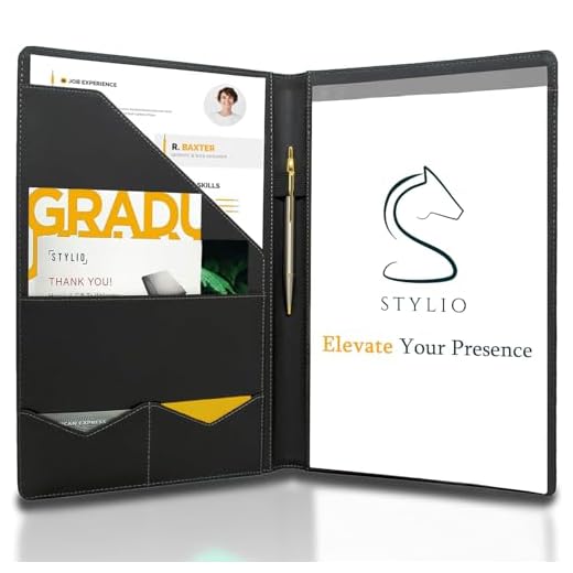 STYLIO Padfolio/Resume Portfolio Folder - Interview/Legal Document Organizer & Business Card Holder - with Letter-Sized Writing Pad - Handsome Piano Noir Faux Leather Matte Finish & Accent Stitching