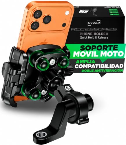 Soporte Movil Moto Antivibración de Aluminio CNC Liberación Rápida Rotación 360° para Montaje en Manillar 22-32mm y Espejo Retrovisor 12–14 mm Compatible con Scooter Bicicleta y Patinete Eléctrico