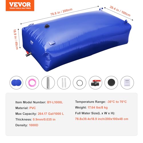 VEVOR 1000L Wasserblasen Aufbewahrungsbehälter, 1000D blaues PVC, zusammenklappbare Wasserspeicherbehälter, große Kapazität, weicher Wasserbeutel, tragbare Wasserblase, Brandschutz, Camping