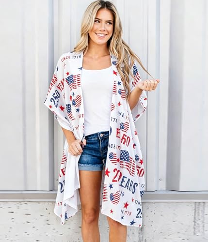 Image of Women's American Flag Kimono Cardigan 4th of July Cover Up Lightweight Patriotic Kimono Cover Up