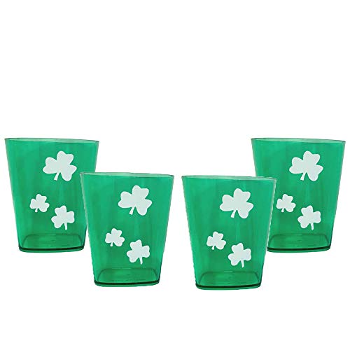 St. Patrick's Day Green and White Shamrock Shot Glasses - Plastic Mini Cups For Party Supply Favors or Cocktails Supply - Party Pack 4 Piece Set BPA Free