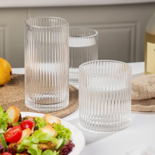 Ribbed Drinking Glasses 8pcs, 12oz and 10oz Glassware, Tumbler Glasses Cup Set for Wedding, Party, Christmas Gift, Clear - Image 4