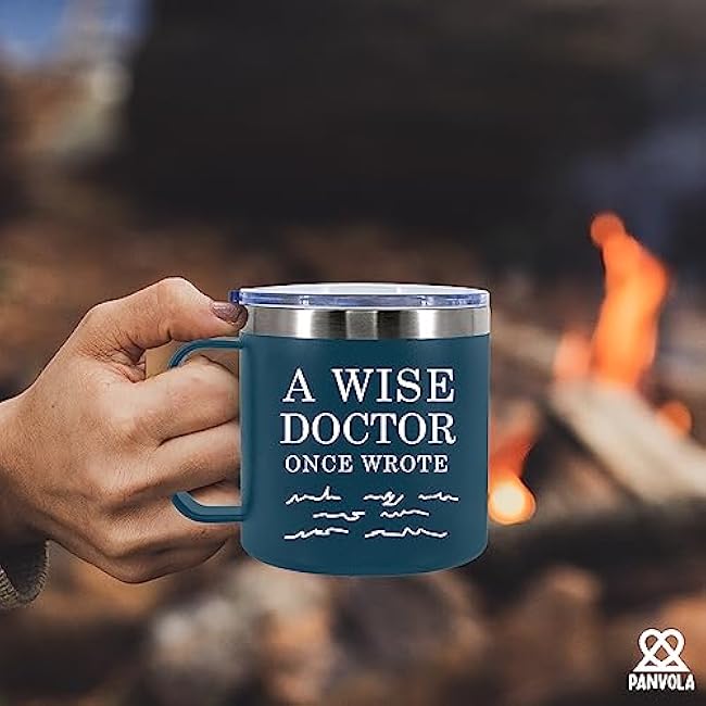A Wise Doctor Once Wrote 14oz Insulated Coffee Cup with Handle & Lid | Doctor Gifts | Physician | Medical Student | MD | Stainless Steel | Vacuum Insulated | Travel Mug | Blue