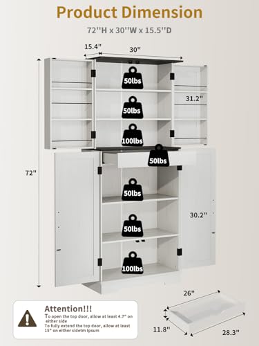 Kitchen-Pantry-Storage-Cabinet-72-Tall-Bathroom-Storage-Cabinet-with-4-Adjustable-Shelves-and-1-Drawer-Metal-Storage-Cabinet-Freestanding-Cupboard-for-Kitchen-Dining-Room-Bathroom-White Kitchen Pantry Storage Cabinet 72 Tall Bathroom Storage Cabinet with 4 Adjustable Shelves and 1 Drawer Metal Storage Cabinet Freestanding Cupboard for Kitchen Dining Room Bathroom White