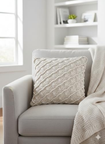 Image of Beautifull and Luxurious Handmade 100% Cotton Macrame Cushion Cover 16 inchx16 inch inch in Natural White Colour | Boho Cushion Cover in Premium Canvas Duck Fabric (2, WDM476)