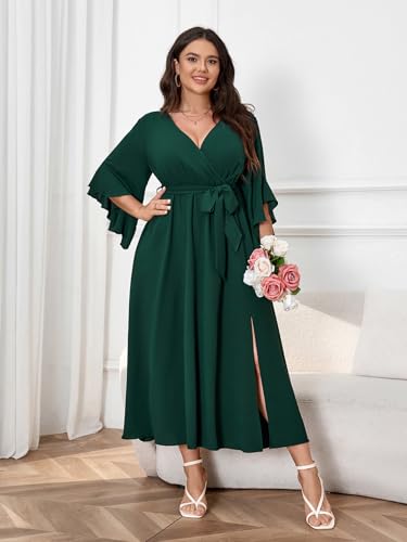 Cicidudu Womens Plus Size Dress Wedding Guest Cocktail Ruffle Half Sleeve Wrap V Neck Slit A Line Maxi Dresses With Belt Emerald Green thumb #1