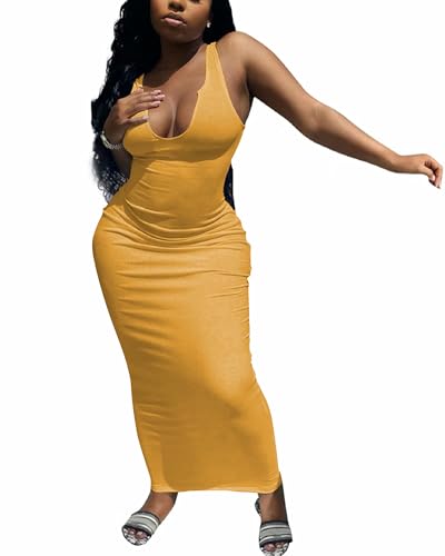Image of Nimsruc Women Casual Sexy Deep U Neck Tank Top Bodycon Dress Summer Sleeveless Wrap Long Basic Party Club Maxi Dresses