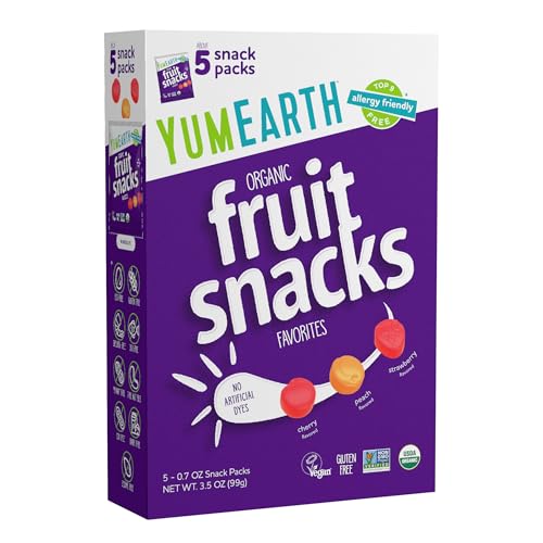 YumEarth Organic Assorted Flavor Fruit Snacks - Allergy Friendly (Top 9 Free), No Artificial Dyes, Non GMO, Gluten Free, Vegan Candy Snacks - 0.7 Ounce (Pack of 5)