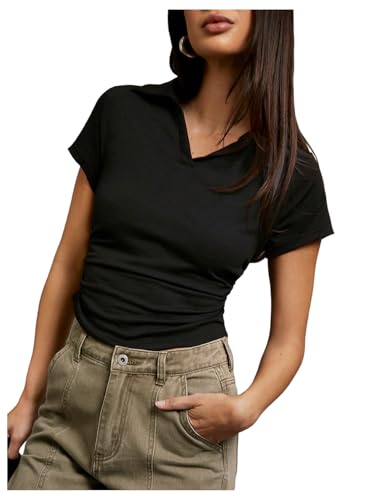 Milumia Women's Short Sleeve V Neck Collared Shirts Slim Fitted Bat Wing Casual Tops Black Small