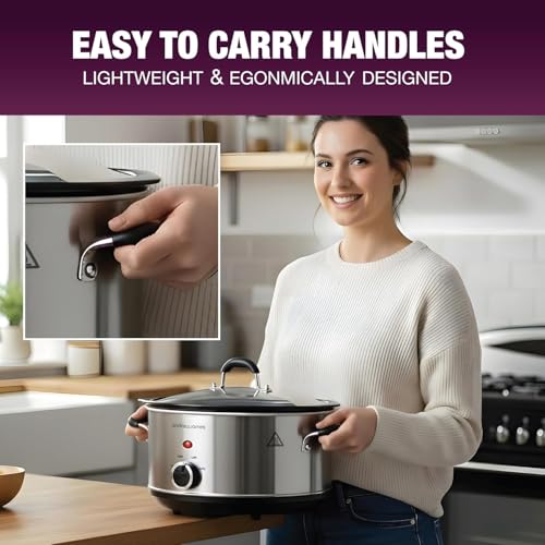 Image of Andrew James Slow Cooker Crock Pot - Sizzle to Simmer Digital Auto Setting with Tempered Glass Lid and Removable Crockpot in Silver 3. 5L