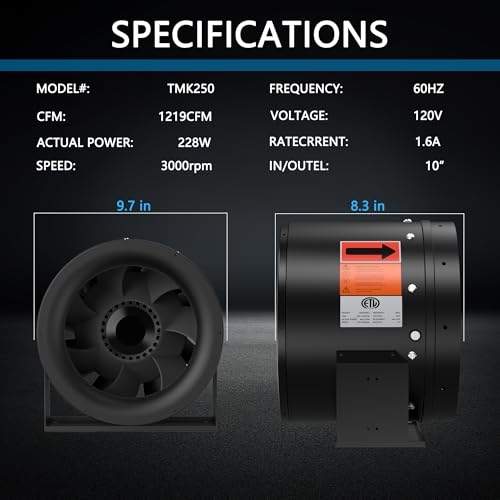 Image of 10 Inch Inline Duct Fan,1219 CFM Inline Fan Duct Fan Constant Speed - Ventilation Exhaust Fan for Heating Cooling Booster, Grow Tents, Hydroponics, NSK /SKF bearings, ETL Listed, Black