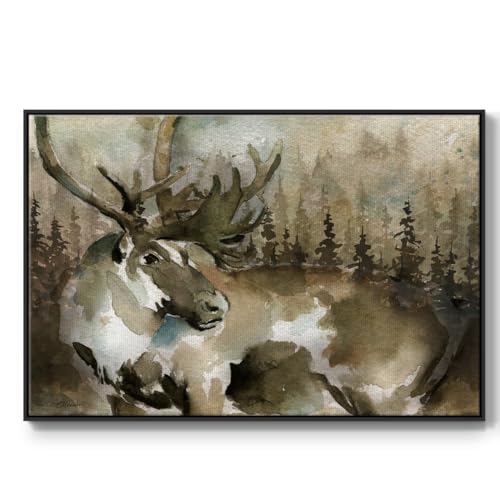 Renditions Gallery Animal Wall Art for Office Lodge Twilight Reindeer Floater Framed Canvas Artwork Paintings for Home Kitchen Bedroom - 25"X37" Black Frame GAL007