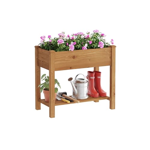 Image of Raised Garden Bed with Legs Elevated Wooden Planter Box Stand Large Planter Stand Box for Fruits Vegetables Flowers with Divider with Bag - 34x18x30.5IN(Brown)