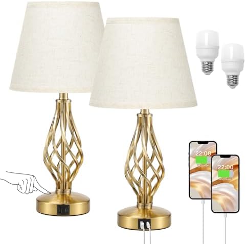 Touch Table Lamps for Bedrooms Set, Small Gold Bedroom Lamps with USB Ports and Brass Base, Bedside Lamp with Spiral Cage Base Design, 3 Way Dimmable Touch Lamps for Nightstand, Living Room and Office