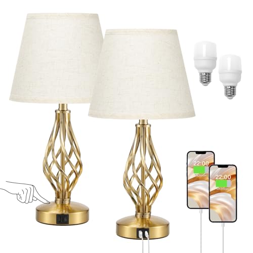 Touch Table Lamps for Bedrooms Set, Small Gold Bedroom Lamps with USB Ports and Brass Base, Bedside Lamp with Spiral Cage Base Design, 3 Way Dimmable Touch Lamps for Nightstand, Living Room and Office