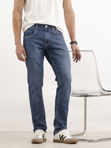 Image of WROGN Men's Cotton Lycra Blend Jeans | Solid | Relaxed Fit