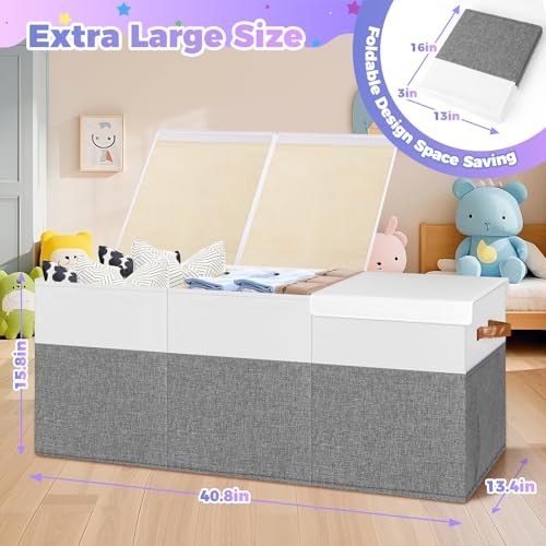 Extra Large Toy Storage Box with Lid, Collapsible Sturdy Toys Chest Storage Organizer Bin Basket with Divider for Kids, Boys, Girls, Closet, Playroom, Bedroom, Nursery, 40\"X14\"X16\", Gray & White