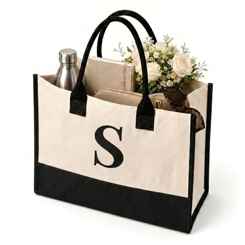 Image of Salt Earth Canvas Tote Bag for Women, Personalized Initial Monogram Tote, Beach Grocery Utility Tote for Travel & Work
