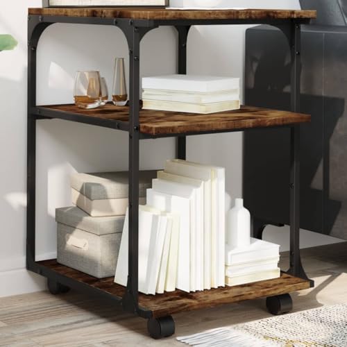 GeenYuu Soporte para impresora con 3 estantes, roble ahumado, material de madera, 43 x 48 x 64 cm, con ruedas y frenos, organizador para oficina en casa, espacio de almacenamiento y bandeja