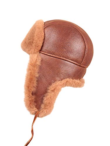 Image of Leather Aviator Shearling Ushanka Trapper Hat Russian Sheepskin Cap Real Fur Winter Hat with Ear Flaps for Men Women
