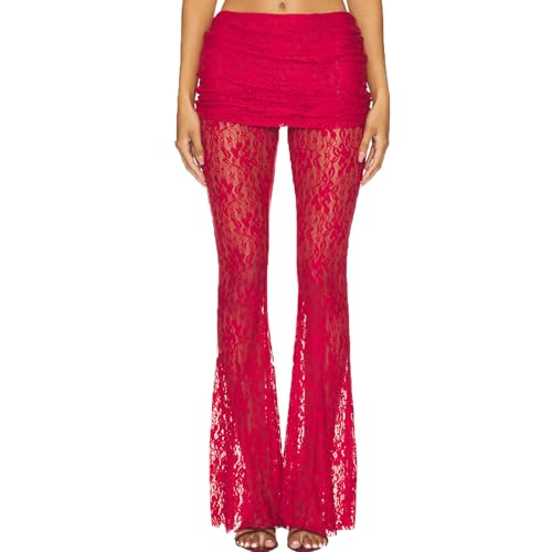 Woman Sexy See Through Lace Pants High Waist Flare Leg Trouser Solid Flower Lace Bell Bottoms Pants Streetwear