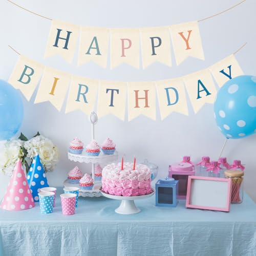 Image of Doumeny Happy Birthday Burlap Banner Boho Birthday Bunting Garland Blue Pink Bohemian Party Sign Flag Colorful Happy Birthday Bunting Banner Rustic Birthdays Garland Flag for Wall Home Porch Door