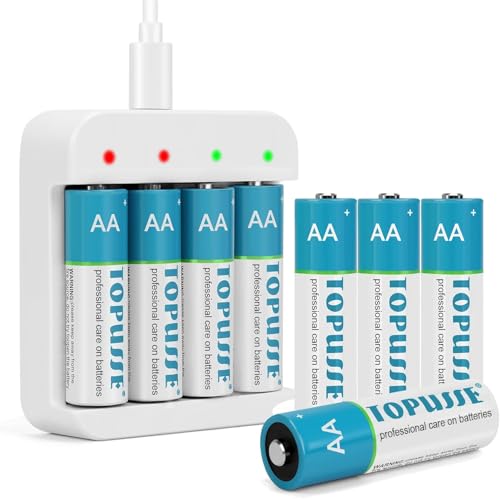 TOPUSSE Rechargeable Lithium AA Batteries (2800mWh) – 8 pack, with Charger.