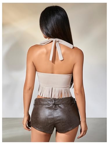 MakeMeChic Women's Western Cowgirl Fringe Faux Suede Halter Tops Tie Backless Sleeveless Rodeo Concert Outfits2