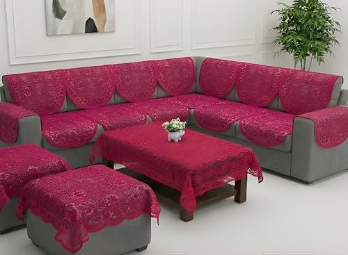 Image of Fab Nation Sofa Cover L Shape 7 Seater with Corner L Type Sofa Set for Living Room | Cotton Sofa Slipcovers for 4 + 3 Seaters Cover with 2 Arms + 2 Setty Covers + 1 Table Cover | Red