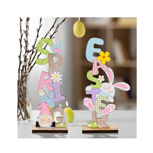 Easter Tabletop Decoration SignsEaster Bunny Wooden Tabletop Centerpiece Signs Farmhouse Vintage Rustic Signs Home Spring Indoor Outdoor Garden Party Tiered Tray Gnomes Decorations 2PCS