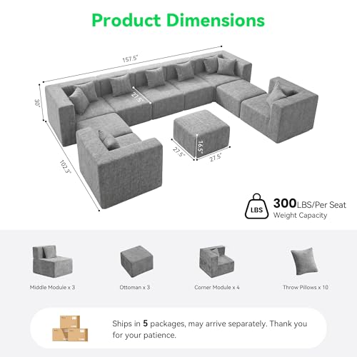 Image of MONVANE Oversized Boneless Sectional Couches for Living Room, 10-Seat Cloud Couch, Modular Sofa with Ottoman & 10 Throw Pillows, Comfy Chenille, No Assembly Required, Light Gray