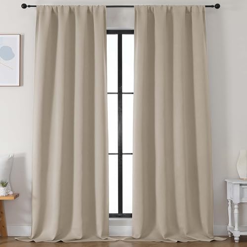 Image of Simplebrand Ava Biscotti Beige Blackout Curtains for Bedroom 96 Inches Long 2 Panels, Solid Thermal Insulated, Energy Saving Nursery Window Treatment Curtains Blackout Drapes, W50 x L96 Inch