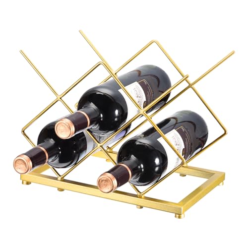 Image of uxcell Countertop Wine Rack, Tabletop Wine Bottle Holder for Up to 5 Standard Bottles, Freestanding Wine Rack for Wine Cellar Bar Cabinet, Gold