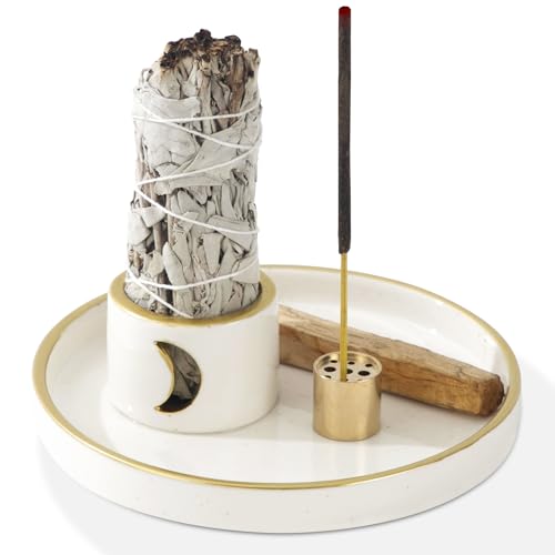 IVWOXO Incense Holder, 5.9 ince Incense Burner, Holder for Sticks, Ceramic Ash Catcher Tray, Incense Sticks, Palo Santo, Sage Holder (Gold)