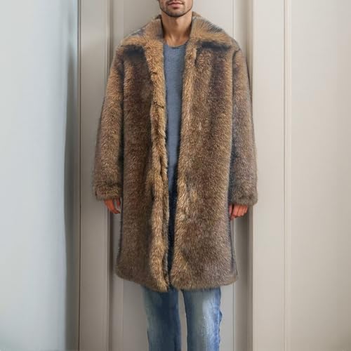 Image of Colf Men's Winter Fluffy Lapel Faux Fur Coat Jacket | Mens Faux Fur Jacket, Winter Long Overcoat, Long Sleeve, Fluffy, Thik Warm