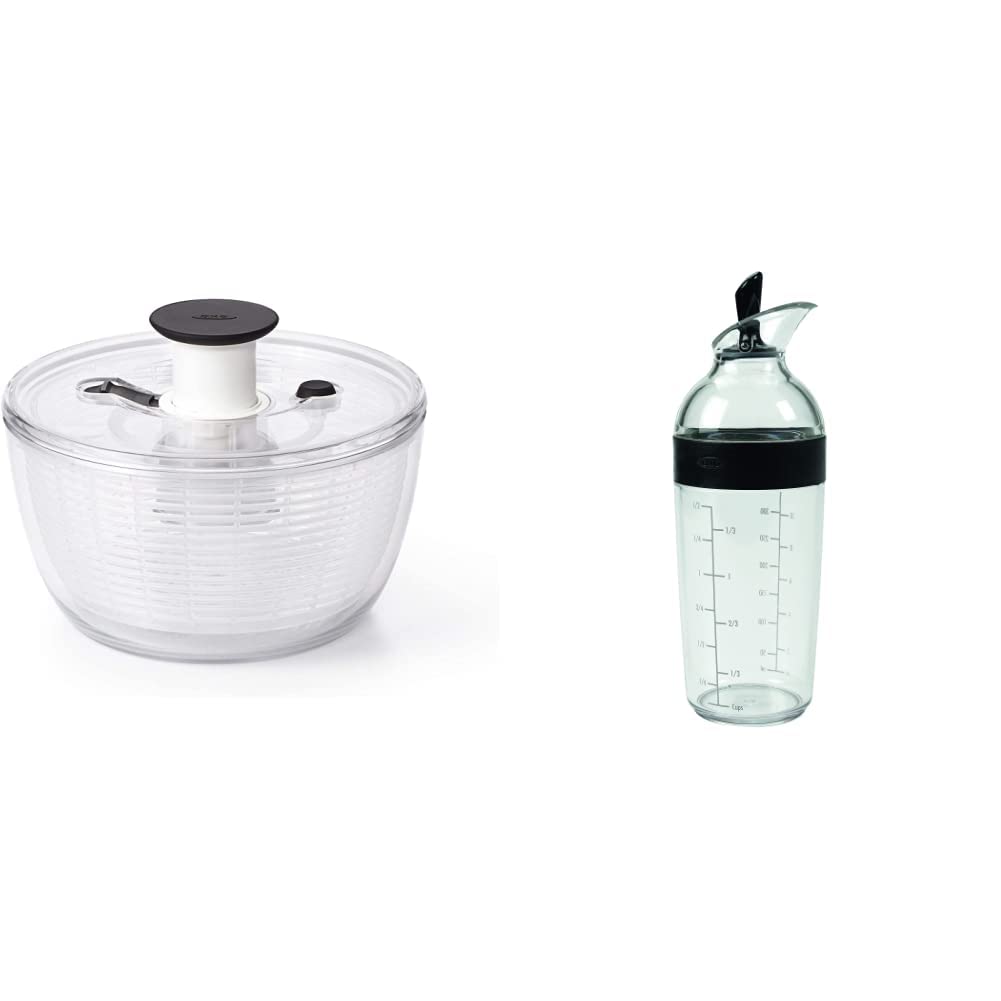 OXO Good Grips Mini essoreuse à salade transparente - Bol 2,7 L - Panier 1,9 L - Shaker à vinaigrette noir - Sauces sala
