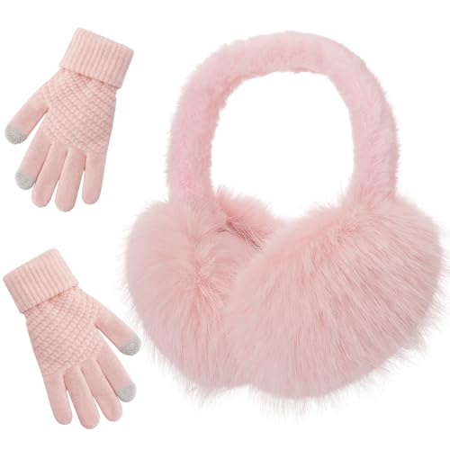 TOBEHIGHER Winter Ear Muffs Gloves for Women Cute Foldable White Earmuffs Adjustable Ear Warmers Faux Fur Ear Covers Headband