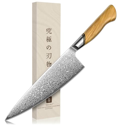 Image of TIVOLI Damascus Chef Knife - Japanese VG-10 Professional Kitchen Knife | Japanese VG10 steel, Honbazuke Sharpening Method, Ergonomic Olive Wood Handle, Gift Box, for Meat and Vegetables