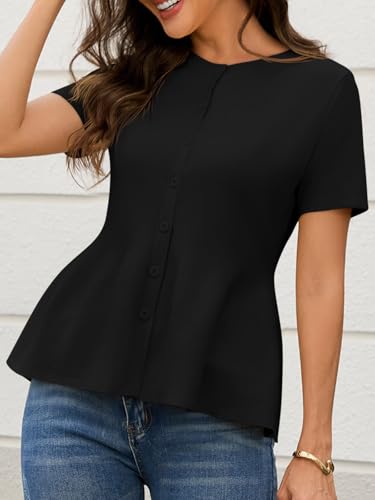 Image of Saodimallsu Womens Short Sleeve Cardigans Ruffle Button Down Crew Neck Peplum Babydoll Knit Sweater Tops
