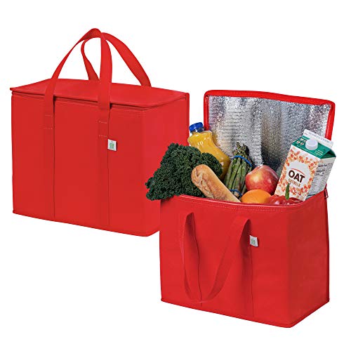 VENO Pack de 2 Bolsas Térmicas para Comida, Bolsa Porta Alimentos Grande con Asas, Cierre y Tapa, Bolsa Nevera Térmica de Delivery, Compra Sostenible,Reutilizable, Plegable (Rojo,Pack de 2)
