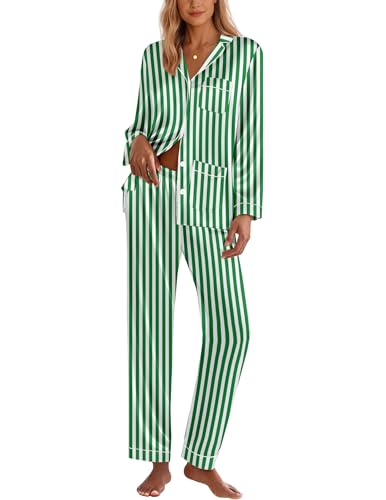 Image of Ekouaer Pajamas for Women Silk Satin Button Down Long Sleeve Pajama Sets