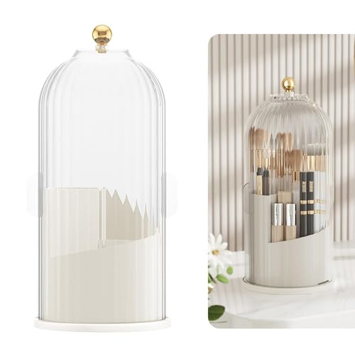 SHIFANQI Makeup Brush Holder Organizer 360 Rotating Make Up Toothbrush Holder Storage Container with Dustproof Clear Lid Cosmetic Tools Organiser for Vanity Desk Dressing Table Clear