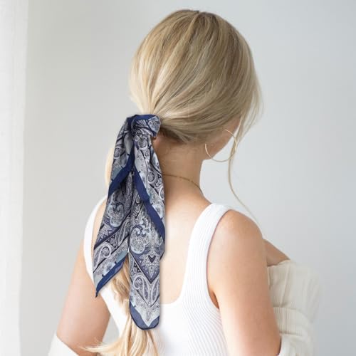 Blue Brown Bandana Silk Head Scarf, 27.5 Inches Brown Head Wrap for Women, Lightweight Square Headscarf for Hair4