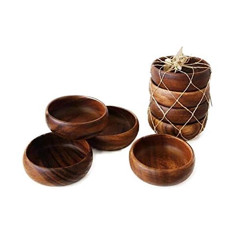 Acacia Handmade Wood Carved Plates - Set of 4 Calabash Bowls Size 4" (Round) Cover