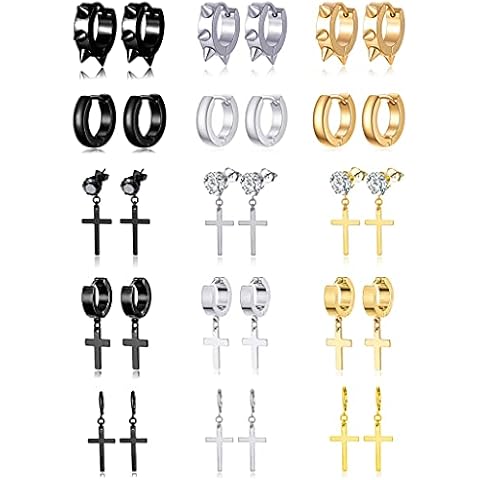 Ofeiyaa 15 Pairs Earrings Stainless Steel Spike Hoop Earrings Hinged Dangle Earrings Punk Piercing for Women Men Sliver Black Gold Tone Cover