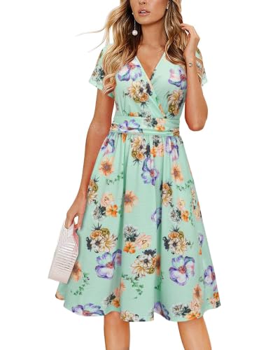 Image of Newshows Women's Pockets Wrap V Neck Floral Summer Vacation Casual Sundress | Wrinkle Free, Stretchy, Summer Beach Floral Sundress 2026, Casual Dress for Vacation, Guaduation, Side Pockets, A-line