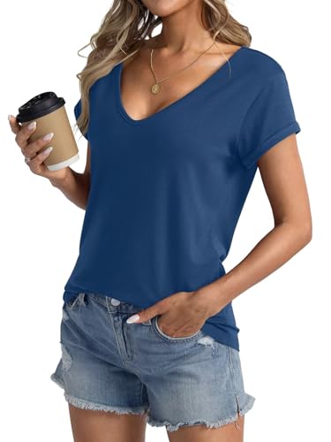 Womens Deep V Neck Short Sleeve T Shirts Casual Loose Fit Shirt Sexy Summer Tops Folded Sleeves Basic Tee 20254